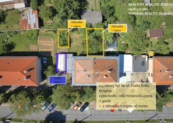 2,5 izb. byt s garážou a 2 záhradkami, Krupina
